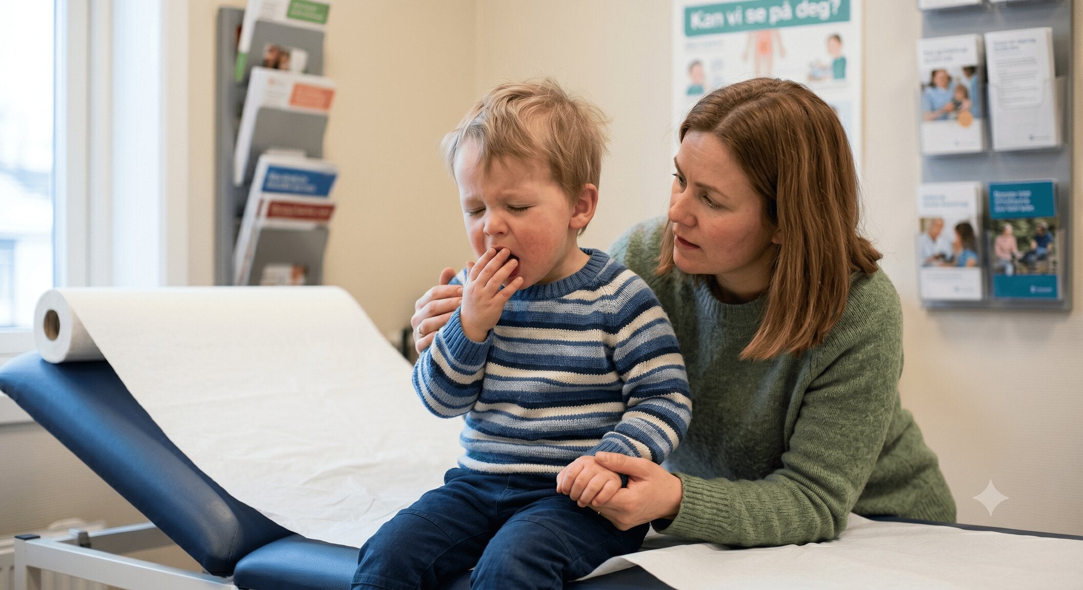 En liten gutt sitter på en legebenk og hoster mens moren står bak han og holder han i hånden